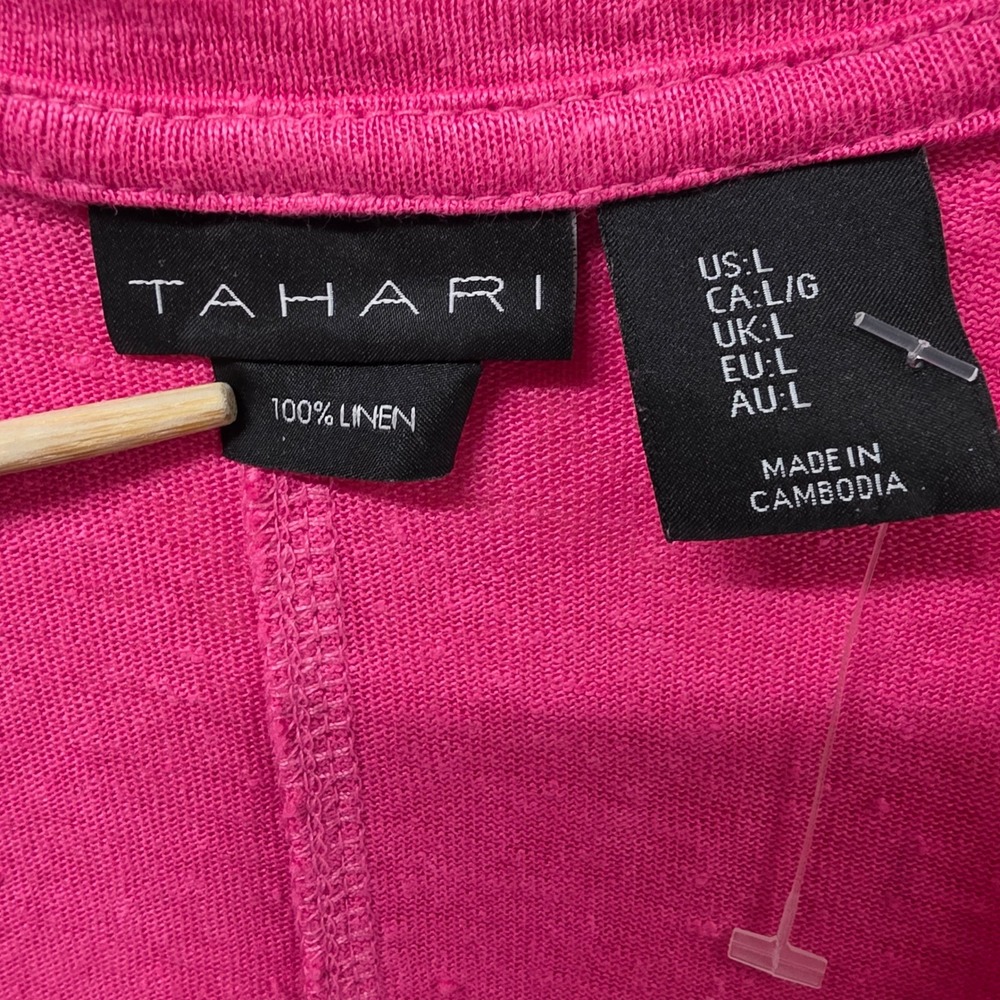 Tahari Womens Pink 100% Linen V-Neck Short Sleeve Seam Detail Top Size L - Picture 4 of 11